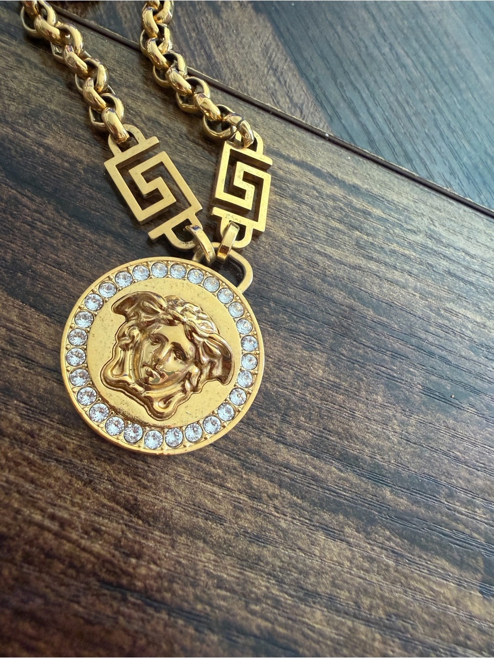 Versace Gold Medusa Pendant Necklace with Crystal Halo